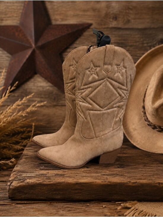 Time and Tru Shoes - Decorative Women Tan Suede Cowboy Boots Size 8